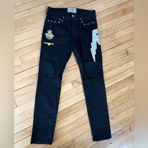 Ricchezza black denim embroidered patch work lightning bolt jeans